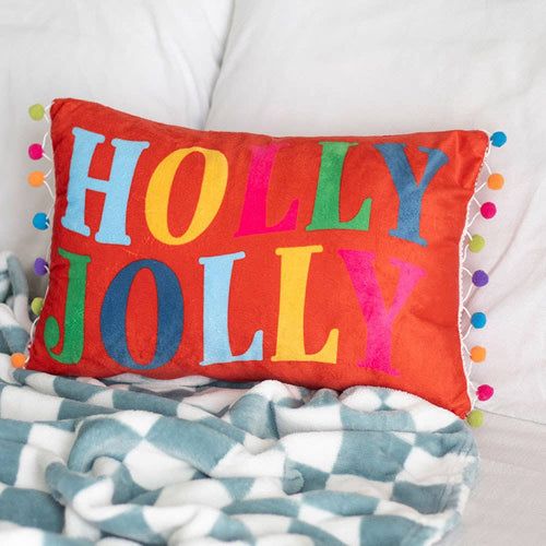 Red Holly Jolly Cushion with Pom Poms