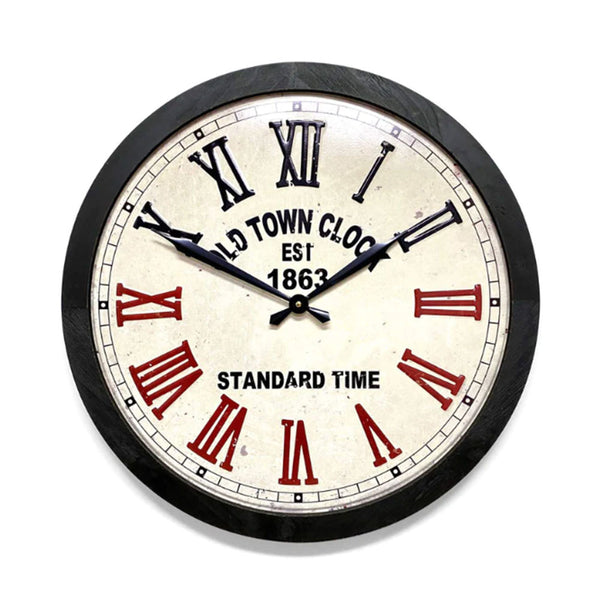 Old Town Stamped Iron Wood Frame Roman Wall Clock